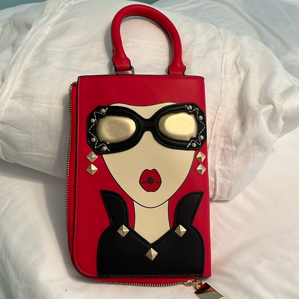 Chic Lady Faux leather Red, black and gold handbag.